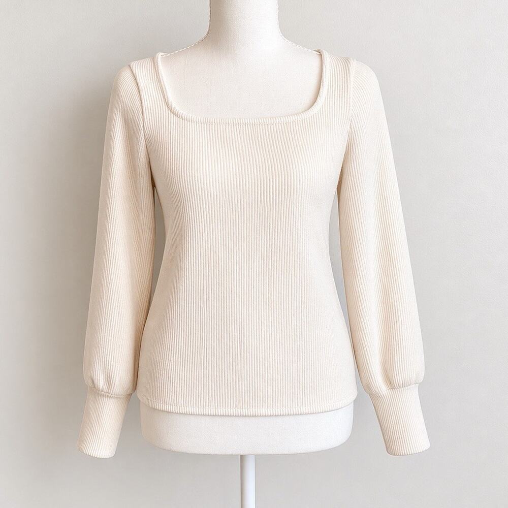 Madewell Ivory Ribbed Knit Square Neck Puff Long Sleeve Pullover Sweater S